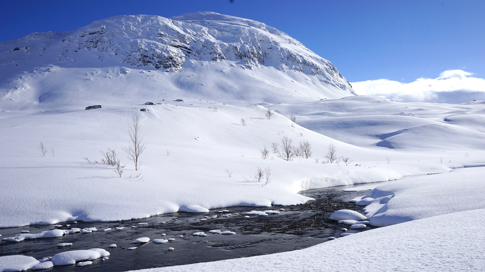 Åpen elv i fra Gressvatnet i Narvik. Bukkefjellet i bakgrunnen