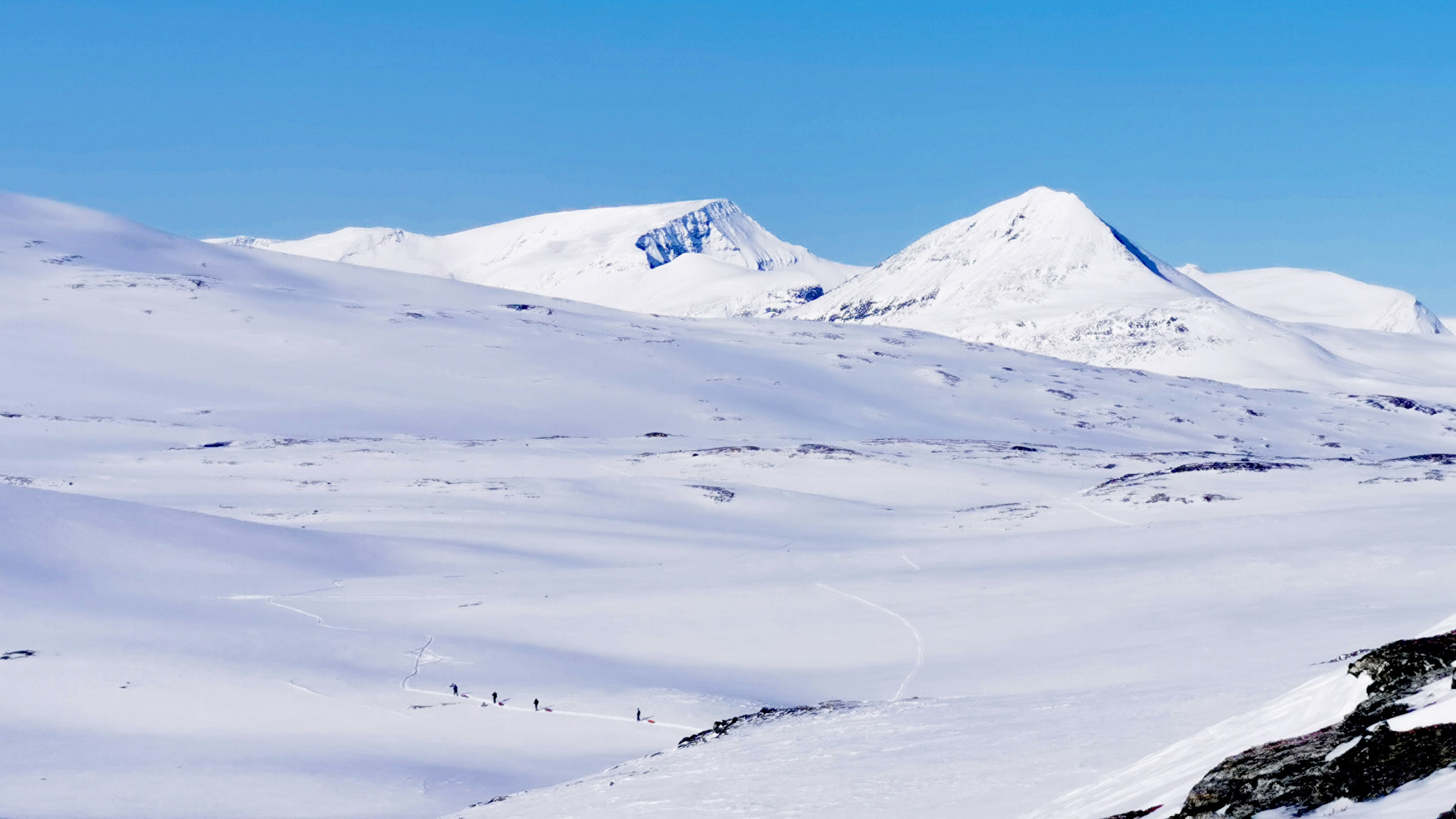 Turfølge på vei igjennom Isdalen fra Rostahytta til Gappohytta